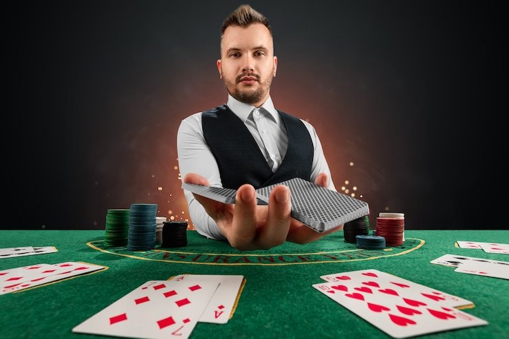 mideatoto link Three Card Poker dealer handling cards at live table
